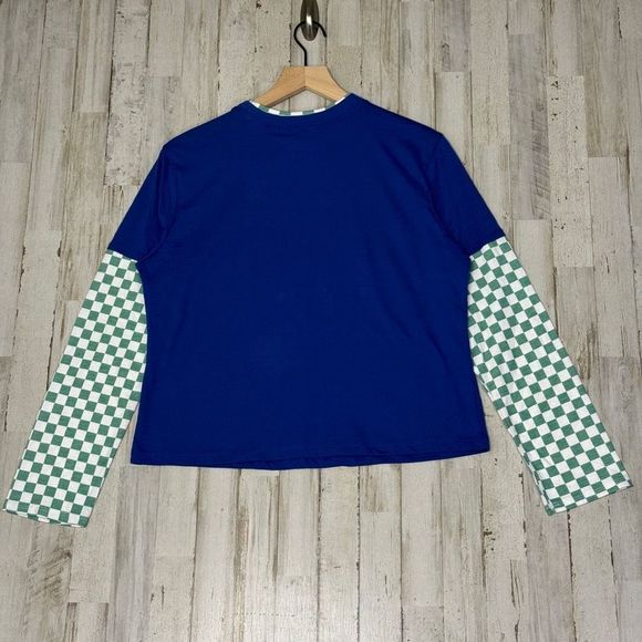 Nickelodeon Womens Reptar Graphic Blue Checkered Long Sleeve T-Shirt Size L NEW! - Picture 3 of 6